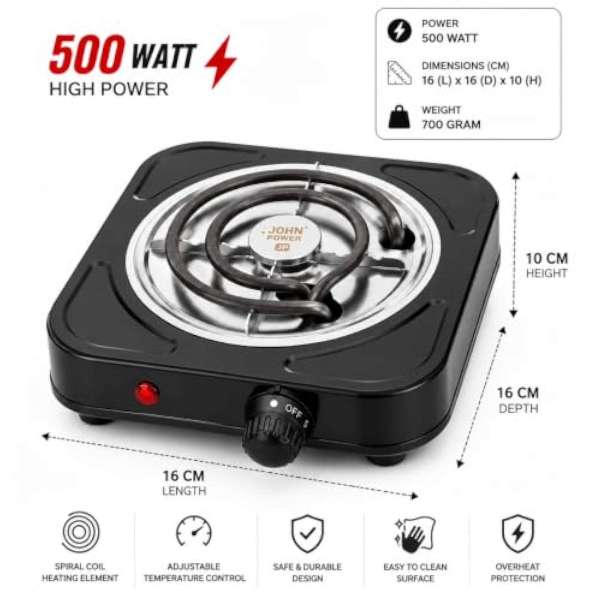 John Power 500W Mini Electric Hot Plate, Black