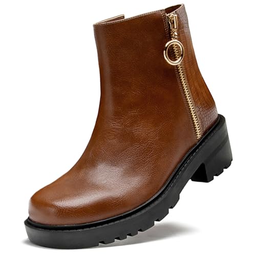 DADAWEN Women's Leather Ankle Boots Block Heel Dual Side Zipper Boots Tan 6 UK