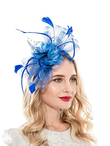 Zivyes Fascinators Hat For Women Tea Party Headband Wedding Cocktail Flower Mesh Feathers Hair Clip (10-Blue) #TOP2