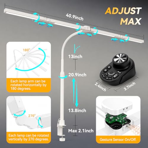 Image of Adjustable LED Desk Lamp with Clamp, 4-Head Eye-Caring CRI95+ Desk Light, Stepless Dimming & Color Temp Remote Control, Flexible Neck, 5-Mode for Reading, Computer, Crafting, 90 inch Wide Desk Coverage