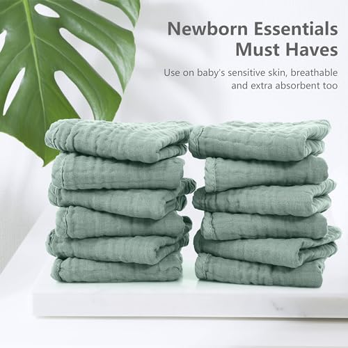 Image of SWEET DOLPHIN 12 Pack Muslin Burp Cloths Large 100% Cotton Hand Washcloths for Baby - Baby Essentials Extra Absorbent and Soft Boys & Girls Milk Spit Up Rags - Dark Green, 20 inch X10 inch