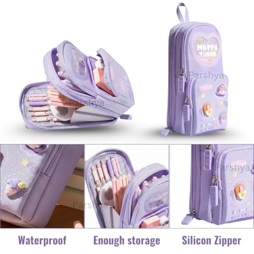 Image of Parshya Large Capacity Pencil Pouch for Girls | Waterproof Multi-Layer Pen Case with 3D Stickers, Silicone Zip Pullers & Carry Handle | Perfect for School Students, Kids, Artists & Office Stationery