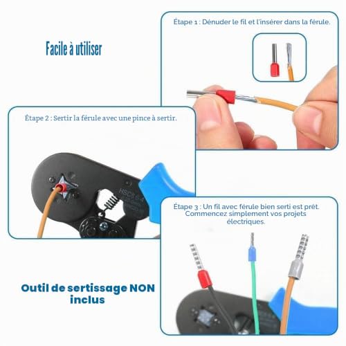 Wenrescry Lot de 1800 embouts de câbles, assortiment d'embouts de câbles isolés 0,5-10 mm², embouts de câbles isolés colorés en inserts en laiton étamé pour connexions de fils – vue 7