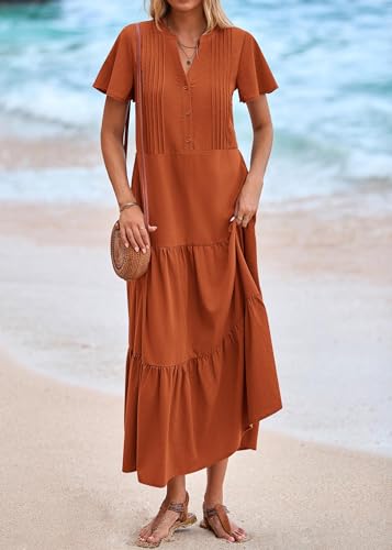 Image of KIRUNDO Summer Maxi Dresses for Women 2026 | Spring Fashion Short Sleeve Tiered Flowy Dress, Button V Neck, Pleated, Loose Fitting, Nursing & Bump Friendly, With Pockets