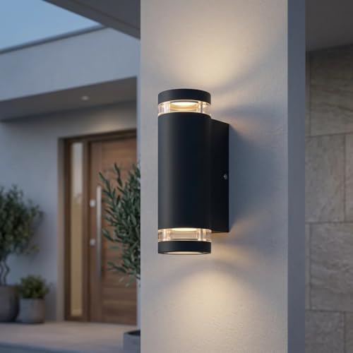 Dandray Outdoor Wall Lights Mains Powered Up Down Outside Lights Anthracite External LED Front Door Lamp Porch Light Electric Exterior GU10 Round Lighting Sconce Wall Mounted for House