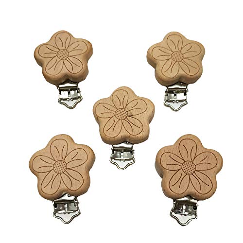 Arakierst 5pcs Natural Wood Suspender Pacifier Clips Cute Beech Wooden Animal Flower Shape Clips DIY Beading Pacifier Chain Accessory