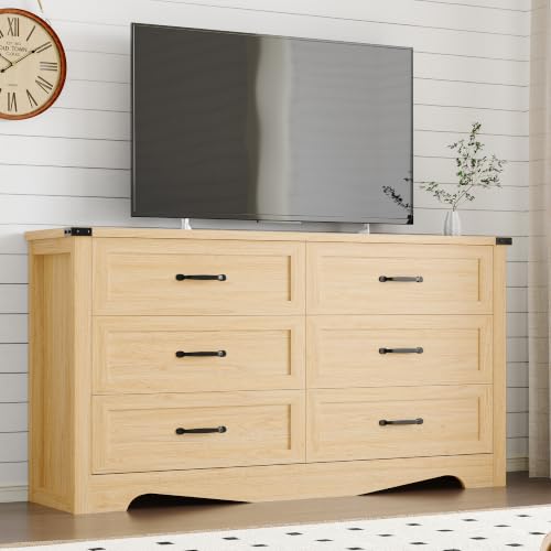 Image of BORNOON 6-Drawer Dresser for Bedroom, Modern Wooden Chest of Drawers with Metal Handles, Anti-Tipping Design, Sturdy and Stable Storage Organizer for Living Room, Entryway, Home Office