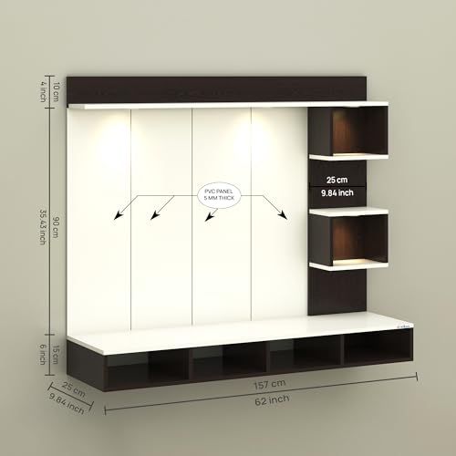 Image of Anikaa Kirina Engineered Wood Wall-Mount TV Unit with PVC Back Panel & LED Lights | TV Cabinet with Storage Box & Decorative Shelves (Wenge /White) | Ideal for TVs up to 55 Inch | DIY Installation