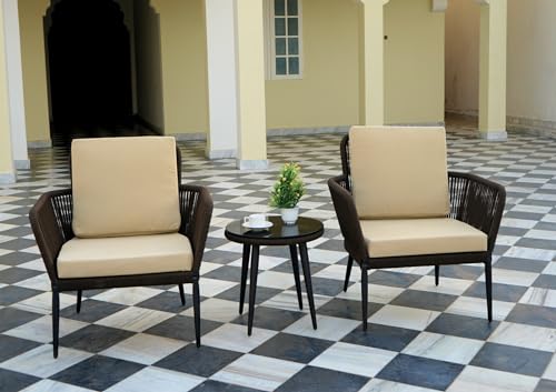 Image of DEVOKO 3 Piece Rope Patio Bistro Set Outdoor Conversation with Waterproof All Weather Chair and Glass Top Coffee Table for Garden, Balcony, Porch, Poolside (Dark Brown & Cream)