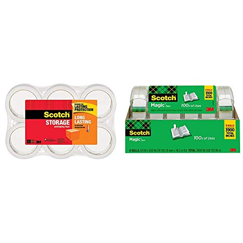 Scotch Long Lasting Storage Packaging Tape, 1.88 Inches x 54.6 Yards, 6 Rolls (3650-6) & Magic Tape, 6 Rolls, Numerous Applications, Invisible, Engineered for Repairing, 3/4 x 650 Inches, Boxed (6122)