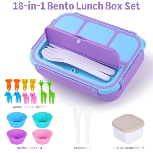 Image of shell and turtle Bento Box for Kids Girls Boys, Bento Box Adult Lunch Box with 4 Compartments, Lunch Containers with Utensils, Sauce Jar, Muffin Liners for School, 40 Oz /5 Cup, Purple