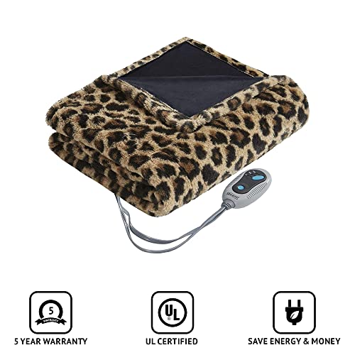 Beautyrest Brushed Long Fur Electric Throw Blanket Ogee Pattern Warm And Soft Heated Wrap With Auto Shutoff, 50 In X 60 In, Leopard #TOP2