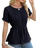 CiCiBird Women Dressy Casual Shirt Business Tie Waist Tops Chiffon Pleated Blouse Black L