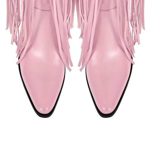 Image of richealnini Western Thigh High Cowboy Boots with Fringe Over Knee Wide Calf Cowgirl Boots