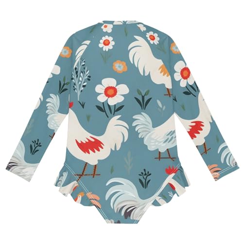 Girls One Piece Swimsuits Long Sleeve Swimsuit Zipper Bathing Suits Chicken Farmhouse Blue2