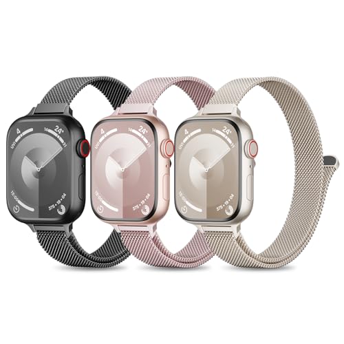 3 Pack Slim Metal Loop Compatible with Apple Watch Band 41mm 40mm 38mm 46mm 45mm 44mm 42mm 49mm Women Men, Thin Stainless Steel Magnetic Strap for iWatch Bands Series 10 9 8 SE 7 6 5 4 3 2 1 Ultra
