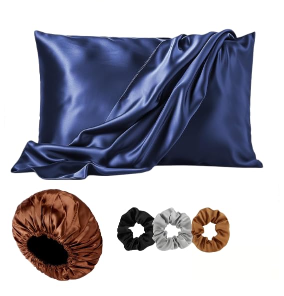 Image of Satin Pillow Cover with Silk Bonnet & 3 Premium Scrunchies - Hair & Skin Care Set for Women - Anti-Frizz Sleeping Combo - Gift Pack (Blue)