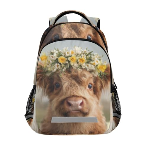 Cow with White Flowers Kid's Elementary Middle School Backpack for Son Daughter, Age 6-12 Back to School Backpack Bookbag Schoolbag for Boys Girls