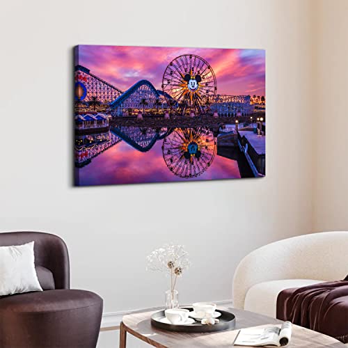 Image of Disney Ferris Wheel Canvas Wall Art Sunset Disneyland Skyline Wall Decor 32x48 inch, Large Mickey Castle Park Landscape Panoramic Pictures Paintings Artwork for Living Room Bedroom Office Home Decoration