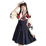 [JIURUN] コスプレ 着物 花柄 椿 和服 ロリータ ドレス ゴスロリ 浴衣 巫女 大正ロマン 無地 ショート丈 ロング丈 少女風 大きいサイズ ゆったり かわいい 学園祭 クリスマス 変装 ハロウィン 仮装 (M, ブラック（ショート）)