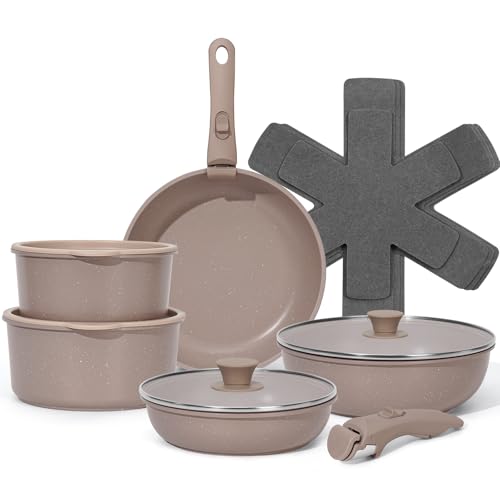 SODAY 15Pcs Pots and Pans Set Non Stick, Cookware Sets with Detachable Handle, Nonstick RV Kitchen Cooking Tools Removable Handles, Induction Fast, Stackable Induction Cookware, Brown