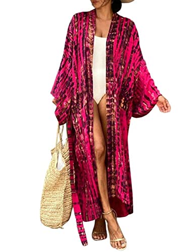 Image of Bsubseach Stylish Tie Dye Open Front Long Kimono Swimsuit Coverup for Women | Loose Fit Boho Style Bathing Suits Cardigans,Summer Causal Resort Wear