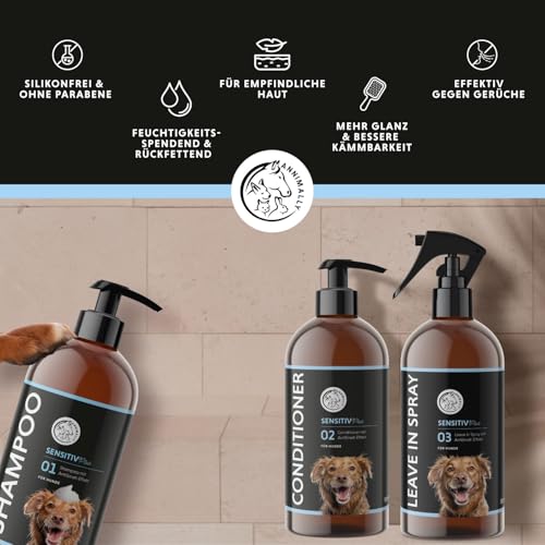 Annimally Sensitiv Plus Pflegeset - Natürliches Hundeshampoo, Conditioner & Leave-In Spray für sensilbe Hunde & Welpen, ph-neutral, ohne Silikone, Parabene & künstliche Duftstoffe - je 500 ml