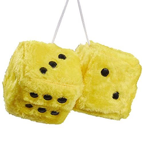 Image of 2.95'' Retro Fuzzy Plush Dice Car Charm Square Plush Dice Car Rear View Mirror Hanging Ornament Vehicle Mirror Hanging Accessories, Yellow