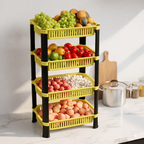 Image of Plastic Kitchen Rack, Multipurpose Vegetable & Fruit Storage Basket Organizer for Home, Pantry & Kitchen - Strong & Easy to Assemble (4 Layer, Yellow)