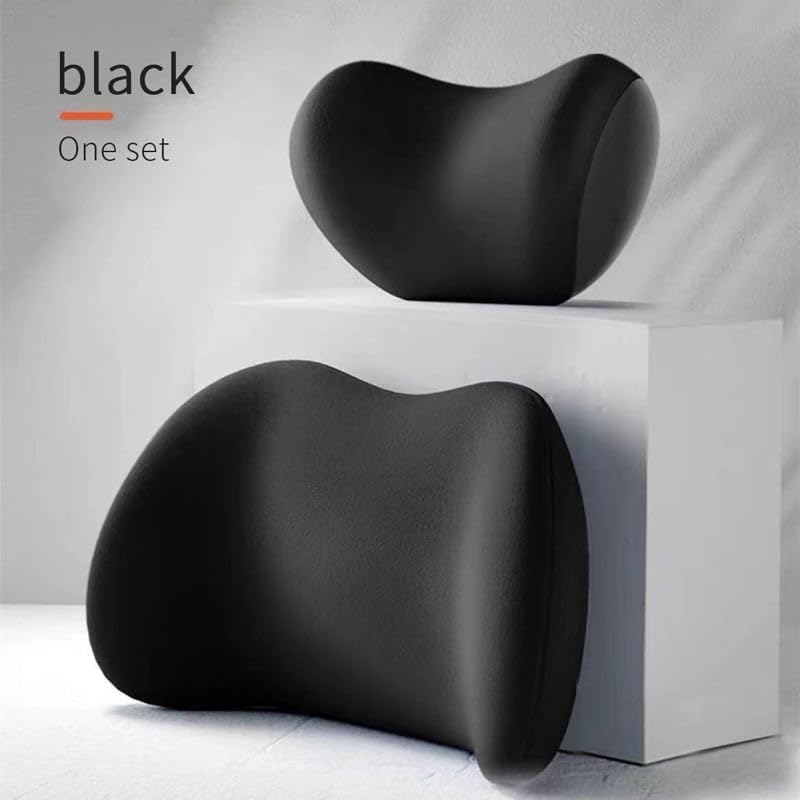 Image of Memory Foam Cars Neck and Lumbar Support Pillow, Removable Cover, Head Rest Support for Cars, Office Chair, Black, 1 Pack (Neckrest & Backrest (Black))