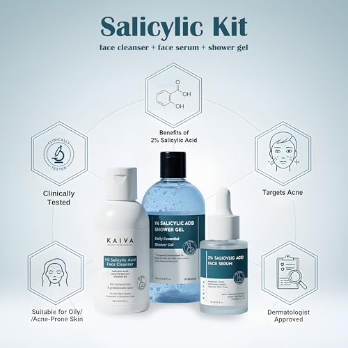 Image of KAIVA Salicylic Acid Skincare Combo - 1% Face Wash, 2% Face Serum & 1% Shower Gel | BHA Kit for Acne & Oil Control | Helps Reduce Pimples, Body Acne & Excess Oil | For Clear, Smooth & Healthy-Looking Skin