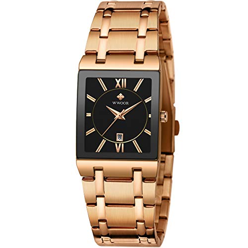 Relojes cuadrados para hombres y mujeres, reloj cuadrado de acero inoxidable para hombre, con fecha, impermeable, analógico, cuarzo, moda, negocios, casual, reloj de pulsera, 36-oro rosa/negro