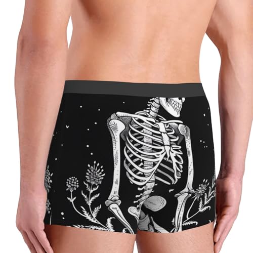 Vintage Black White Plant Skull Print Boxer Briefs For Men Breathable Underwear-3