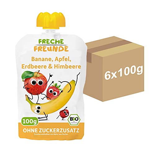 FRECHE FREUNDE Bio Quetschie Banane, Apfel, Erdbeere & Himbeere, Fruchtmus mit Obst im Quetschbeutel für Babys ab dem 6. Monat, vegan, 6er Pack (6 x 100g)