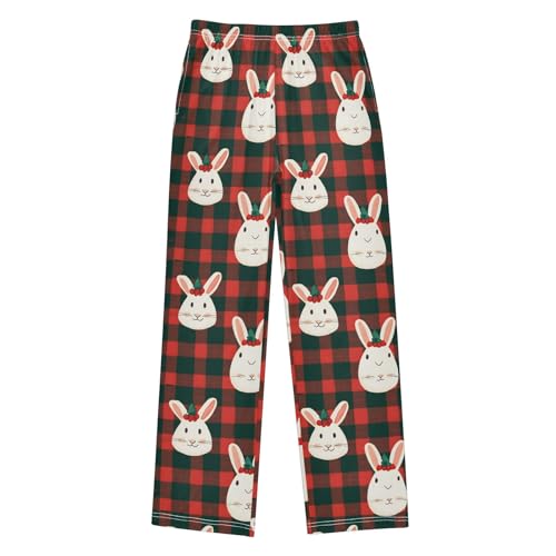 Rabbit Face Checked Long Pajama Pants Bottoms Soft Sleepwear with Pockets