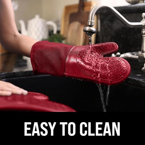 Image of BPA-Free Silicone Oven Mitts Ultra Heat Resistant up to 500F - Oven Mitts with Thick Cotton Liner - Long Slip Resistant Pot Holders, Flexible Oven Gloves - Empire Red 13.7