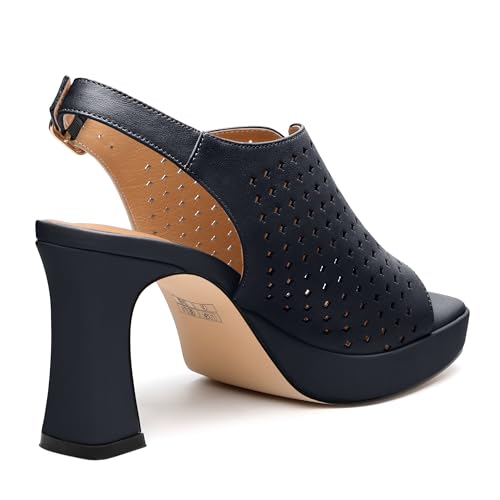Image of Womens Heeled Platform Sandals, Chunky Heel Square Peep Toe Hollow Out Slingback Sandals, Leather Upper, Lining and Insole Shoes for Women 3.3 inch