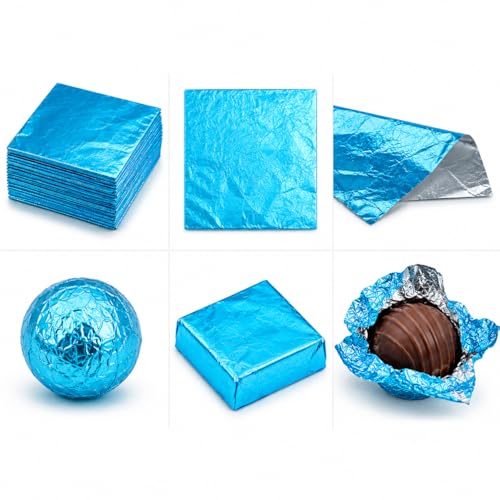 Image of Aluminum Foil Chocolate Wrappers - Candy Wrapping Sheets for DIY Chocolates, Sweets & Gifts | Food-Grade, Decorative & Easy-to-Use Foil Wraps (Light Firozi, Pack of 1 (250 Counts))