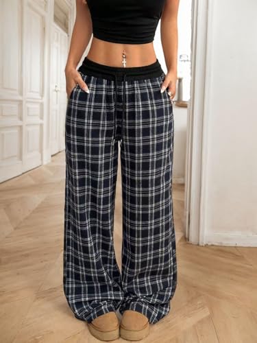 Gingham Pants for Women Plaid Drawstring Elastic Waist Checkered Wide Leg Trousers Casual Loose Fit Baggy Pants2