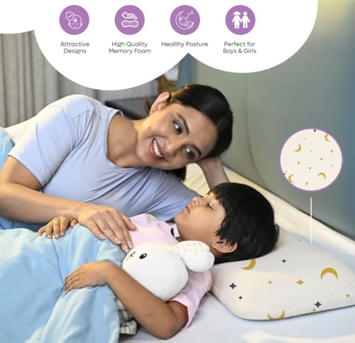 Image of Premium Memory Foam Baby & Toddler Pillow | Head,Neck,Back Support Cushion | Washable Removable Cover | Ideal for Sleeping,Reading & Resting | Age 2to9 Year | 20.5x11.5x2.5 Moon & Star Print