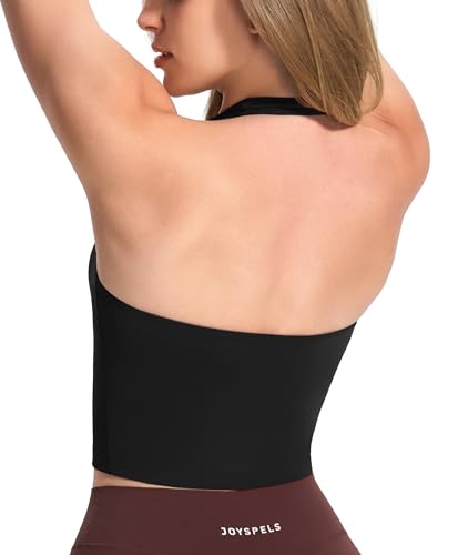 JOYSPELS Black Halter Workout Tank Top Built in Bra Buttery Soft Longline Sports Bra Yoga Pilates Gym Casual Wear