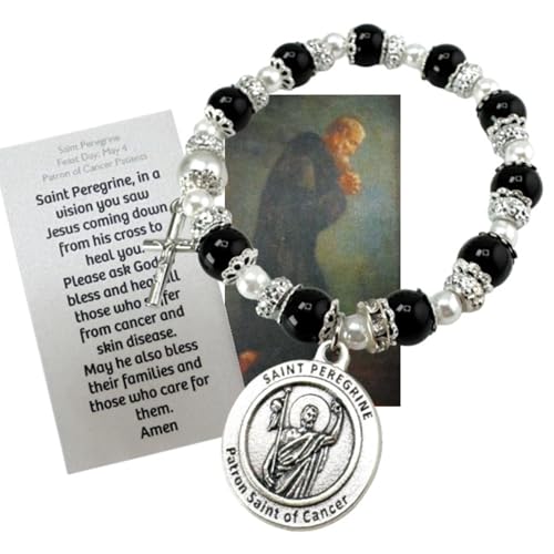St Peregrine Bracelet Set Italian Metal Charm and Glass Bead Stretch Jewelry Accessory with Patron Saint of Cancer Holy Prayer Card