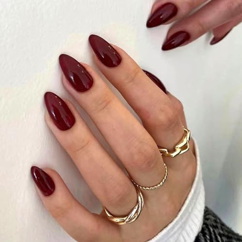 Wine Red Press on Nails Medium Almond Shape 24 Pcs Glossy Fake Nails with Adhesive Tabs Reusable Full Cover Artificial Nails for DIY Manicure at Home