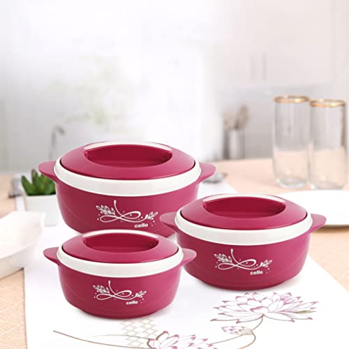 Image of CELLO Sapphire Insulated Inner Steel Casserole Set of 3, Pink (500ml, 1000ml, 1500ml) | Hot Box for Kitchen | Hot Pot | Chapati Box | Locks in The Cold & Heat for Long | Serving Bowl with Lid |