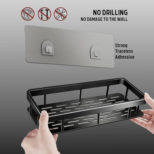 Image of Bathroom Accessories - Multipurpose Bathroom Shelf for Wall | Self-Adhesive Wall Mounted Bathroom Organiser Rack and Washroom Storage Stand for Shampoo Without Drill |(Black)(Pack of 2)