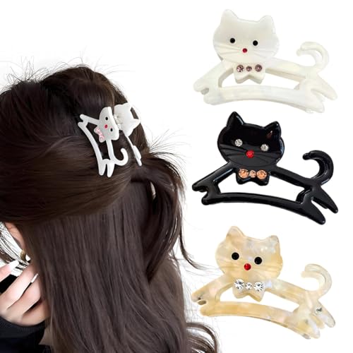 3Pcs Cat Hair Clips Cute Small hair claw clips for Women and Girls Cute Hollow Animal hair clips for Thin/Medium Fine Hair - Nonslip Jaw Clips (Black White Rice Flower)