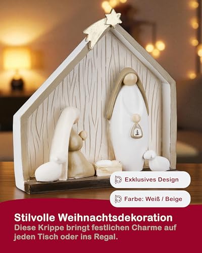 CULT at home kleine Krippe Stall – Weihnachtskrippen Set Haus 5 Figuren - Heilige Familie Krippenensemble – Deko Weihnachten Geschenk Nikolaus Advent 16,5 x 18,5 cm
