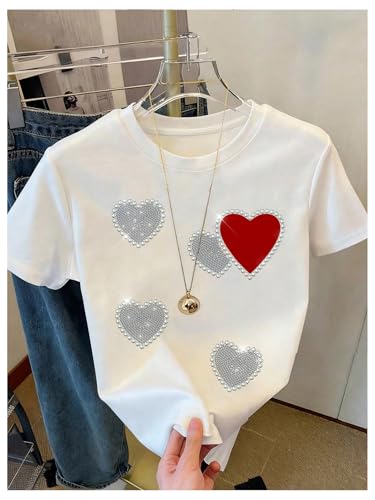 Image of RoseSeek Women's Beaded Sequin Tops Bowknot Bow T Shirt Short Sleeve Crewneck Trendy Tee Top Y2k Tops