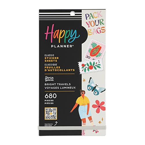 Happy Planner Sticker Pack for Calendars Journals and Diary Planners Multicoloured Scrapbook Accessories Bright Travels Theme Classic Size 30 Sheets 680 Total Stickers