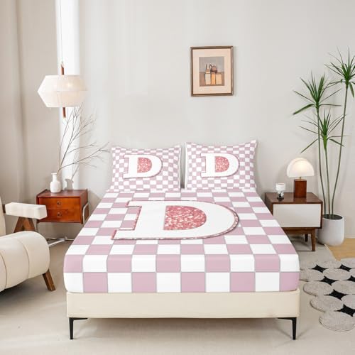 Image of Erosebridal Pink Initial D Bedding Set Full Kawaii Plaid Checkered Bed Sheets Cute Personalized Monogram Sheet Set Kids Girls Teen Women,Fashion Grids Gingham Fitted Top Sheets 4 Piece